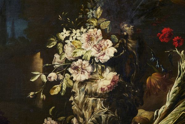 ARTISTA DEL XVII SECOLO : Natura morta con vaso di fiori, mele, melograno, meloni, pere e ortaggio  - Asta Asta 492 | ARTE ANTICA E DEL XIX SECOLO - Arte antica e antiquariato Tradizionale - Associazione Nazionale - Case d'Asta italiane