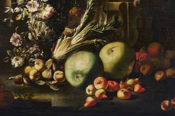 ARTISTA DEL XVII SECOLO : Natura morta con vaso di fiori, mele, melograno, meloni, pere e ortaggio  - Asta Asta 492 | ARTE ANTICA E DEL XIX SECOLO - Arte antica e antiquariato Tradizionale - Associazione Nazionale - Case d'Asta italiane