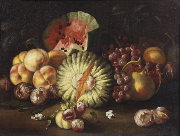 ARTISTA ATTIVO TRA ROMA E NAPOLI NEL XVII SECOLO : Natura morta con melone, anguria, uva, pesche, fichi e melograno  - Asta Asta 492 | ARTE ANTICA E DEL XIX SECOLO - Arte antica e antiquariato Tradizionale - Associazione Nazionale - Case d'Asta italiane