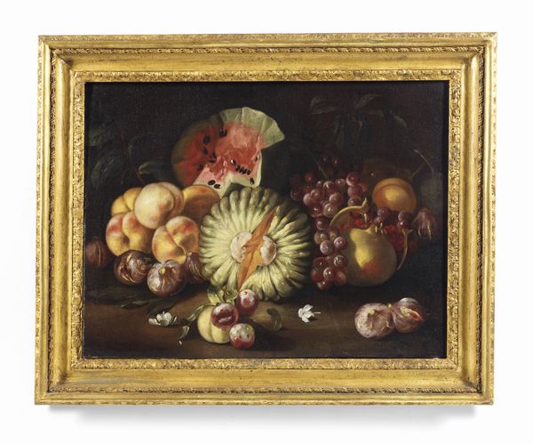 ARTISTA ATTIVO TRA ROMA E NAPOLI NEL XVII SECOLO : Natura morta con melone, anguria, uva, pesche, fichi e melograno  - Asta Asta 492 | ARTE ANTICA E DEL XIX SECOLO - Arte antica e antiquariato Tradizionale - Associazione Nazionale - Case d'Asta italiane