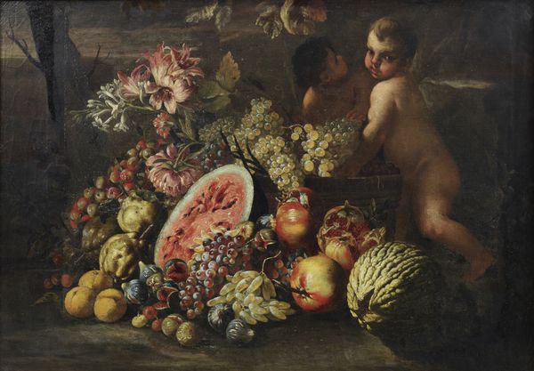 ARTISTA NAPOLETANO DEL XVII SECOLO : Natura morta con anguria, pesche, melone, melograno, fichi, fiori e putti  - Asta Asta 492 | ARTE ANTICA E DEL XIX SECOLO - Arte antica e antiquariato Tradizionale - Associazione Nazionale - Case d'Asta italiane