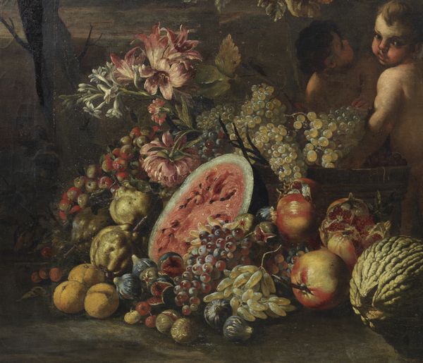 ARTISTA NAPOLETANO DEL XVII SECOLO : Natura morta con anguria, pesche, melone, melograno, fichi, fiori e putti  - Asta Asta 492 | ARTE ANTICA E DEL XIX SECOLO - Arte antica e antiquariato Tradizionale - Associazione Nazionale - Case d'Asta italiane