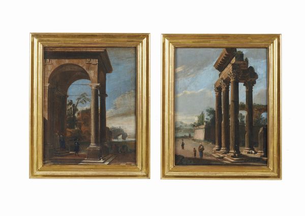 ARTISTA ITALIANO DEL XVII-XVIII SECOLO : Coppia di dipinti raffiguranti capricci architettonici con personaggi  - Asta Asta 492 | ARTE ANTICA E DEL XIX SECOLO - Arte antica e antiquariato Tradizionale - Associazione Nazionale - Case d'Asta italiane