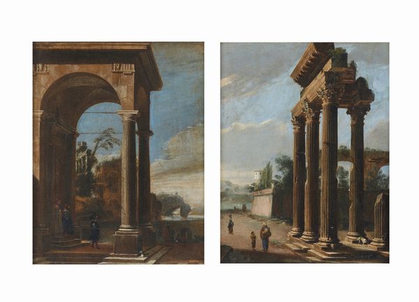 ARTISTA ITALIANO DEL XVII-XVIII SECOLO : Coppia di dipinti raffiguranti capricci architettonici con personaggi  - Asta Asta 492 | ARTE ANTICA E DEL XIX SECOLO - Arte antica e antiquariato Tradizionale - Associazione Nazionale - Case d'Asta italiane