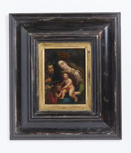 ARTISTA DEL XVII SECOLO : Madonna con Bambino, San Giovannino e santo  - Asta Asta 492 | ARTE ANTICA E DEL XIX SECOLO - Arte antica e antiquariato Tradizionale - Associazione Nazionale - Case d'Asta italiane