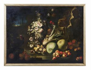 ARTISTA DEL XVII SECOLO : Natura morta con vaso di fiori, mele, melograno, meloni, pere e ortaggio  - Asta Asta 492 | ARTE ANTICA E DEL XIX SECOLO - Arte antica e antiquariato Tradizionale - Associazione Nazionale - Case d'Asta italiane