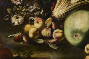 ARTISTA DEL XVII SECOLO : Natura morta con vaso di fiori, mele, melograno, meloni, pere e ortaggio  - Asta Asta 492 | ARTE ANTICA E DEL XIX SECOLO - Arte antica e antiquariato Tradizionale - Associazione Nazionale - Case d'Asta italiane