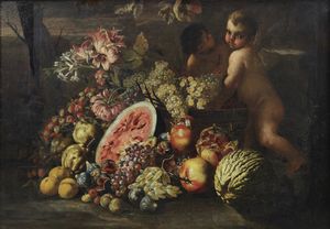 ARTISTA NAPOLETANO DEL XVII SECOLO - Natura morta con anguria, pesche, melone, melograno, fichi, fiori e putti