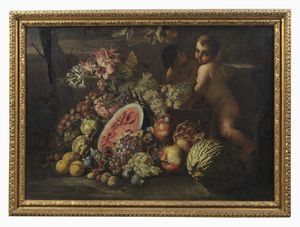 ARTISTA NAPOLETANO DEL XVII SECOLO : Natura morta con anguria, pesche, melone, melograno, fichi, fiori e putti  - Asta Asta 492 | ARTE ANTICA E DEL XIX SECOLO - Arte antica e antiquariato Tradizionale - Associazione Nazionale - Case d'Asta italiane