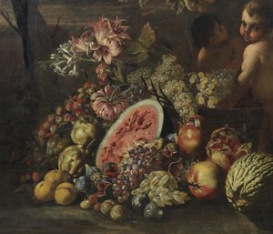 ARTISTA NAPOLETANO DEL XVII SECOLO : Natura morta con anguria, pesche, melone, melograno, fichi, fiori e putti  - Asta Asta 492 | ARTE ANTICA E DEL XIX SECOLO - Arte antica e antiquariato Tradizionale - Associazione Nazionale - Case d'Asta italiane