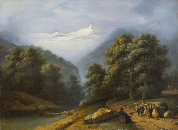 BALBIANO DI COLCAVAGNO EUGENIO (1816 - 1872) : Paesaggio con personaggi presso un corso d'acqua, le montagne innevate sullo sfondo  - Asta Asta 493 | ARTE ANTICA E DEL XIX SECOLO - Dipinti e sculture del XIX secolo Tradizionale - Associazione Nazionale - Case d'Asta italiane