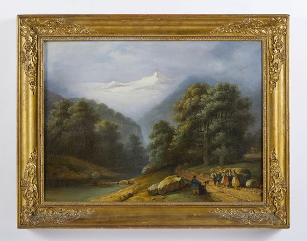 BALBIANO DI COLCAVAGNO EUGENIO (1816 - 1872) : Paesaggio con personaggi presso un corso d'acqua, le montagne innevate sullo sfondo  - Asta Asta 493 | ARTE ANTICA E DEL XIX SECOLO - Dipinti e sculture del XIX secolo Tradizionale - Associazione Nazionale - Case d'Asta italiane