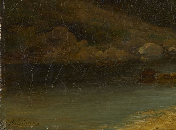 BALBIANO DI COLCAVAGNO EUGENIO (1816 - 1872) : Paesaggio con personaggi presso un corso d'acqua, le montagne innevate sullo sfondo  - Asta Asta 493 | ARTE ANTICA E DEL XIX SECOLO - Dipinti e sculture del XIX secolo Tradizionale - Associazione Nazionale - Case d'Asta italiane