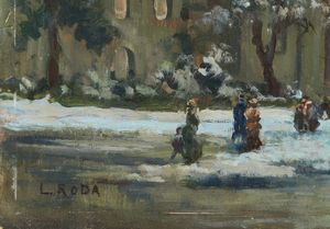 RODA LEONARDO (1868 - 1933) : Piazza Castello, Torino  - Asta Asta 493 | ARTE ANTICA E DEL XIX SECOLO - Dipinti e sculture del XIX secolo Tradizionale - Associazione Nazionale - Case d'Asta italiane