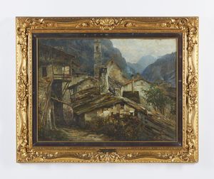 CIARDI GUGLIELMO (1842 - 1917) : Paese di montagna con casolari e campanile  - Asta Asta 493 | ARTE ANTICA E DEL XIX SECOLO - Dipinti e sculture del XIX secolo Tradizionale - Associazione Nazionale - Case d'Asta italiane