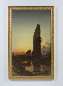 CORRODI HERMANN (1844 - 1905) : Tramonto nella Campagna Romana presso l'acquedotto Claudio  - Asta Asta 493 | ARTE ANTICA E DEL XIX SECOLO - Dipinti e sculture del XIX secolo Tradizionale - Associazione Nazionale - Case d'Asta italiane