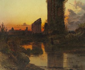 CORRODI HERMANN (1844 - 1905) : Tramonto nella Campagna Romana presso l'acquedotto Claudio  - Asta Asta 493 | ARTE ANTICA E DEL XIX SECOLO - Dipinti e sculture del XIX secolo Tradizionale - Associazione Nazionale - Case d'Asta italiane