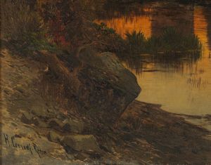 CORRODI HERMANN (1844 - 1905) : Tramonto nella Campagna Romana presso l'acquedotto Claudio  - Asta Asta 493 | ARTE ANTICA E DEL XIX SECOLO - Dipinti e sculture del XIX secolo Tradizionale - Associazione Nazionale - Case d'Asta italiane