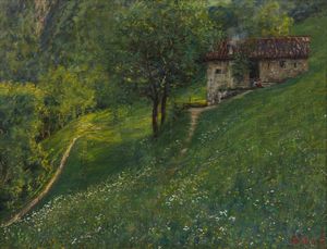 SOLDINI ARNALDO (1862 - 1936) - Paesaggio montano con baita