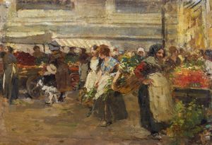 CAGNONI AMERINO (1853 - 1923) - Il mercato in Piazza della Rosa a Milano