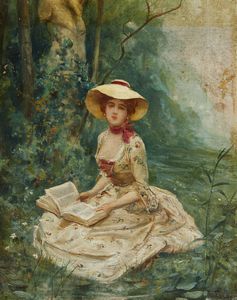 FABBI FABIO (1861 - 1946) - Gentildonna che legge in un parco