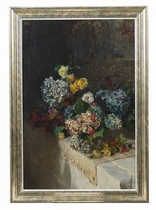 VETRI PAOLO (1855 - 1937) : Natura morta con ortensie e rose  - Asta Asta 493 | ARTE ANTICA E DEL XIX SECOLO - Dipinti e sculture del XIX secolo Tradizionale - Associazione Nazionale - Case d'Asta italiane