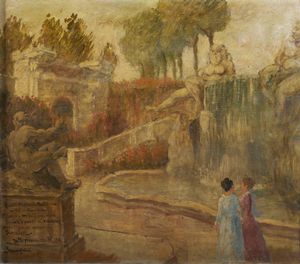 SEMEGHINI PIO (1878 - 1964) : Dittico raffigurante gentildonne in un giardino rinascimentale  - Asta Asta 493 | ARTE ANTICA E DEL XIX SECOLO - Dipinti e sculture del XIX secolo Tradizionale - Associazione Nazionale - Case d'Asta italiane