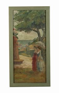 SEMEGHINI PIO (1878 - 1964) : Gentildonne a passeggio in un giardino presso il litorale  - Asta Asta 493 | ARTE ANTICA E DEL XIX SECOLO - Dipinti e sculture del XIX secolo Tradizionale - Associazione Nazionale - Case d'Asta italiane