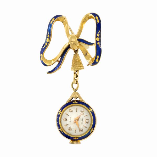 Spilla orologio pendente in oro giallo 18kt  - Asta Gioielli Orologi e Fashion Vintage Web Only - Associazione Nazionale - Case d'Asta italiane