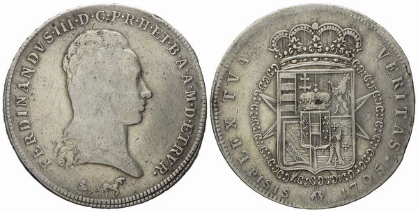 FIRENZE. Granducato di Toscana. Ferdinando III di Lorena (1791 - 1824). Francescone da 10 paoli 1795. Ag (27,07 g; 40,9 mm)  - Asta Monete e medaglie medievali e moderne italiane ed estere - Associazione Nazionale - Case d'Asta italiane