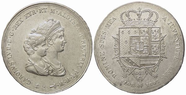 FIRENZE. Regno d'Etruria. Carlo Ludovico di Borbone e Maria Luigia Reggente (1803-1807). Dena da 10 lire 1807. Ag (39,25 g; 45 mm)  - Asta Monete e medaglie medievali e moderne italiane ed estere - Associazione Nazionale - Case d'Asta italiane