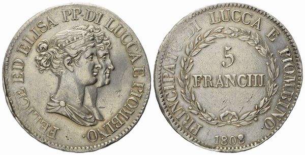 LUCCA. PRINCIPATO DI LUCCA E PIOMBINO. Elisa Bonaparte e Felice Baciocchi (1805-1814). 5 Franchi 1808 (4° tipo). Ag (24,87 g, 37,2 mm).  - Asta Monete e medaglie medievali e moderne italiane ed estere - Associazione Nazionale - Case d'Asta italiane