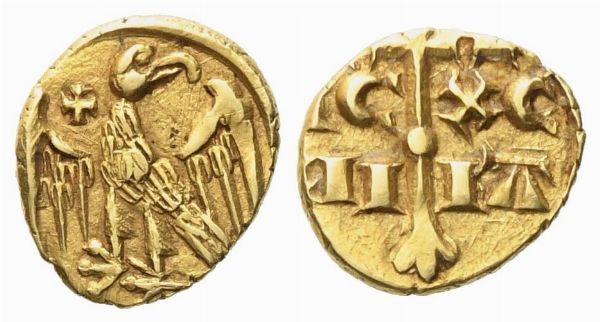 MANFREDONIA. Manfredi (1258 - 1266). Tarì (coniato tra il 1263 e il 1266). Au (0,73 g; 9 mm)  - Asta Monete e medaglie medievali e moderne italiane ed estere - Associazione Nazionale - Case d'Asta italiane