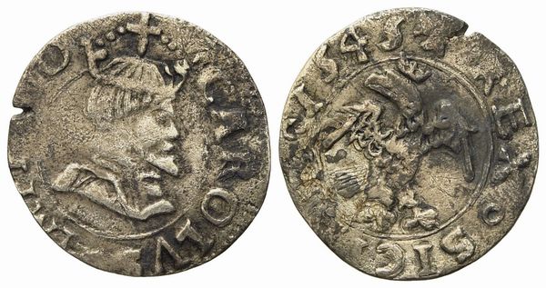 MESSINA. Regno di Sicilia. Carlo V d'Asburgo (1516-1556). Mezzo tarì 1545 senza sigle. Ag (1,05 g; 16,94 mm)  - Asta Monete e medaglie medievali e moderne italiane ed estere - Associazione Nazionale - Case d'Asta italiane