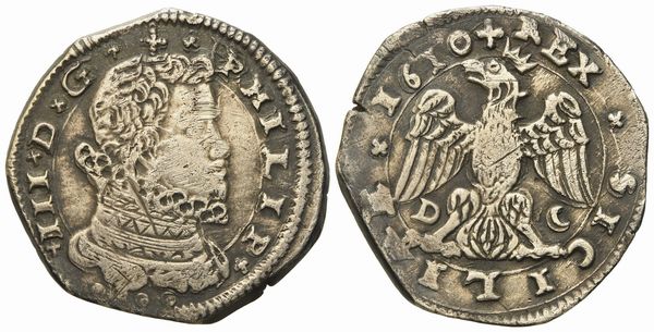 Messina. Regno di Sicilia. Filippo III di Spagna (1598-1621). 4 tarì 1610, sigle D C. Ag (10,28 g; 30 mm)  - Asta Monete e medaglie medievali e moderne italiane ed estere - Associazione Nazionale - Case d'Asta italiane