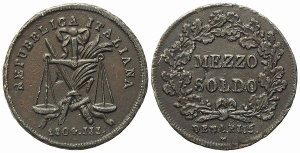 MILANO. Prima Repubblica Italiana (1802-1805). Mezzo soldo da 5 Denari. Progetto. Cu (23,36 mm; 5,71 mm)  - Asta Monete e medaglie medievali e moderne italiane ed estere - Associazione Nazionale - Case d'Asta italiane