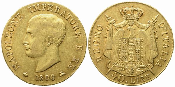 MILANO. Regno d'Italia. Napoleone I imperatore (1805-1814), 40 Lire 1808, senza marchio di zecca. Au (12,90 g; 26,5 mm)  - Asta Monete e medaglie medievali e moderne italiane ed estere - Associazione Nazionale - Case d'Asta italiane