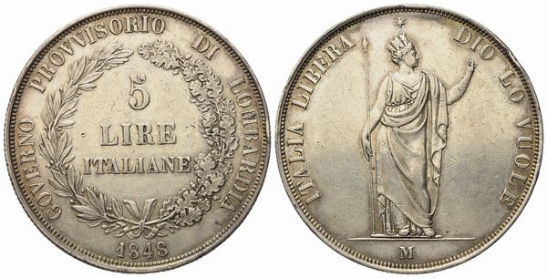 MILANO. Governo Provvisorio di Lombardia. 5 lire 1848 Stella lontana, rami corti. Ag (24,92 g; 37,2 mm)  - Asta Monete e medaglie medievali e moderne italiane ed estere - Associazione Nazionale - Case d'Asta italiane