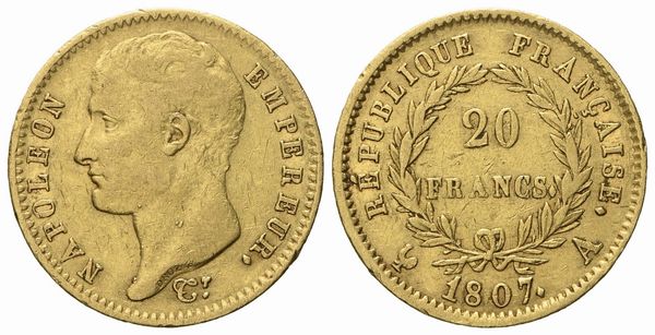 FRANCIA. PARIGI. Napoleone I imperatore (1804 - 1814). 20 franchi 1807. Au (6,46 g; 20,9 mm)  - Asta Monete e medaglie medievali e moderne italiane ed estere - Associazione Nazionale - Case d'Asta italiane