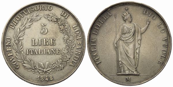 MILANO. Governo Provvisorio di Lombardia (1848). 5 Lire 1848 stella vicina, rami corti, base spessa. Ag (24,95 g; 37,2 mm)  - Asta Monete e medaglie medievali e moderne italiane ed estere - Associazione Nazionale - Case d'Asta italiane