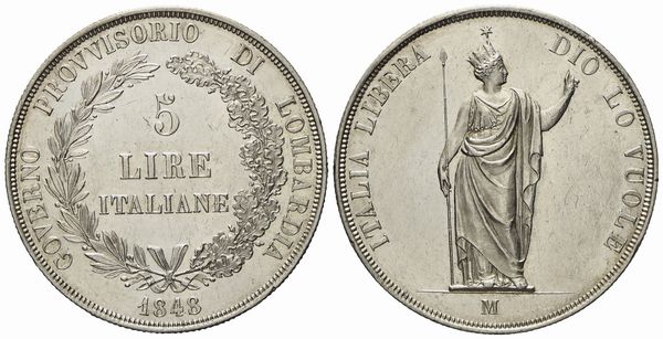 MILANO. Governo Provvisorio di Lombardia. 5 lire 1848 Stella vicina, base spessa. Ag (25,08 g; 37,1 mm)  - Asta Monete e medaglie medievali e moderne italiane ed estere - Associazione Nazionale - Case d'Asta italiane