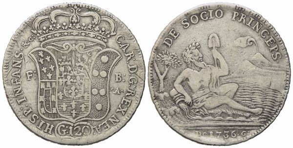 NAPOLI. Regno di Napoli. Carlo di Borbone (1734-1759). Piastra da 120 grana 1736 De G. Ag (25,05 g; 39,7 mm)  - Asta Monete e medaglie medievali e moderne italiane ed estere - Associazione Nazionale - Case d'Asta italiane