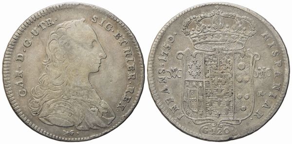 NAPOLI. Regno di Napoli. Carlo di Borbone (1734-1759). Piastra da 120 grana 1750 De G sotto il busto. Ag (24,60 g; 42 mm)  - Asta Monete e medaglie medievali e moderne italiane ed estere - Associazione Nazionale - Case d'Asta italiane