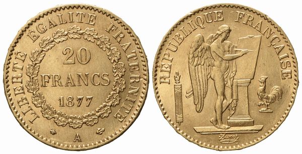 FRANCIA. Terza Repubblica (1870 - 1940). 20 franchi 1877 Parigi. Au 900 (6,43 g; 20,9 mm)  - Asta Monete e medaglie medievali e moderne italiane ed estere - Associazione Nazionale - Case d'Asta italiane