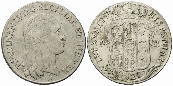 NAPOLI. Regno di Napoli. Ferdinando IV di Borbone (1759-1799 I periodo). Piastra da 120 grana 1796. Ag (27,45 g; 40,1 mm)  - Asta Monete e medaglie medievali e moderne italiane ed estere - Associazione Nazionale - Case d'Asta italiane