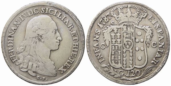 NAPOLI. Regno di Napoli. Ferdinando IV di Borbone (1759-1799, I per.). Piastra da 120 grana 1787 D C al dr. Ag (27,05 g; 41,8 mm)  - Asta Monete e medaglie medievali e moderne italiane ed estere - Associazione Nazionale - Case d'Asta italiane