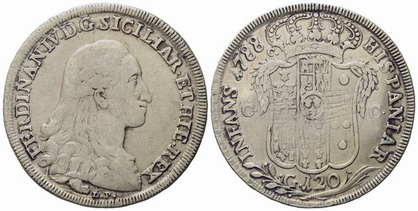 NAPOLI. Regno di Napoli. Ferdinando IV di Borbone (1759-1799, I per.). Piastra da 120 Grana 1788 D.P. Ag (27,15 g; 42 mm)  - Asta Monete e medaglie medievali e moderne italiane ed estere - Associazione Nazionale - Case d'Asta italiane