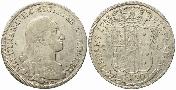 NAPOLI. Regno di Napoli. Ferdinando IV di Borbone (1759-1799 I periodo). Piastra da 120 grana 1788 - D.P. al dr. Ag (27,12 g; 41,4 mm)  - Asta Monete e medaglie medievali e moderne italiane ed estere - Associazione Nazionale - Case d'Asta italiane