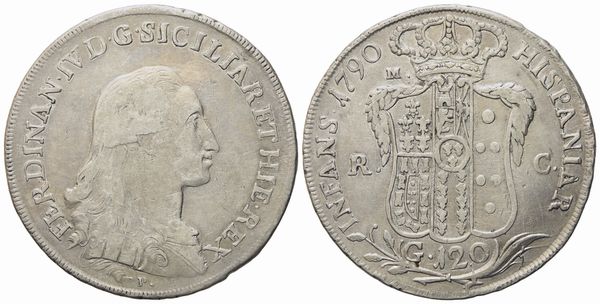 NAPOLI. Regno di Napoli. Ferdinando IV di Borbone (1759-1799, I per.). Piastra da 120 Grana 1790 R.C. Ag (27,09 g; 42,4 mm).  - Asta Monete e medaglie medievali e moderne italiane ed estere - Associazione Nazionale - Case d'Asta italiane