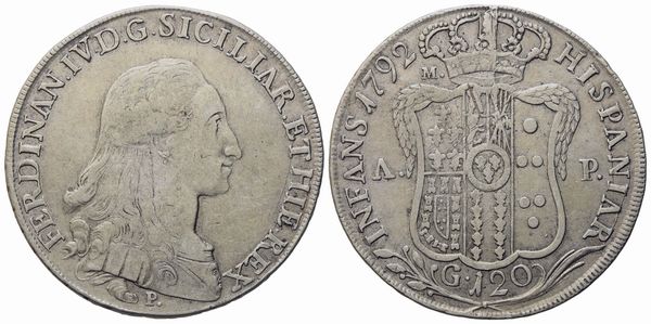 NAPOLI. Regno di Napoli. Ferdinando IV di Borbone (1759-1799, I per.). Piastra da 120 grana 1792. Ag (27,15 g; 40,2 mm)  - Asta Monete e medaglie medievali e moderne italiane ed estere - Associazione Nazionale - Case d'Asta italiane